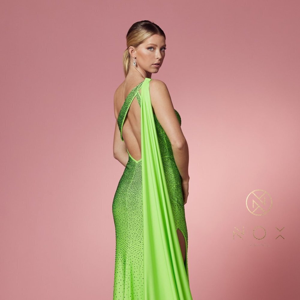 NEW LONG ONE SHOULDER SLEEVELESS EMBROIDERED RHINESTONE DRESS WITH CAPE NX E1039 - Picture 6 of 9